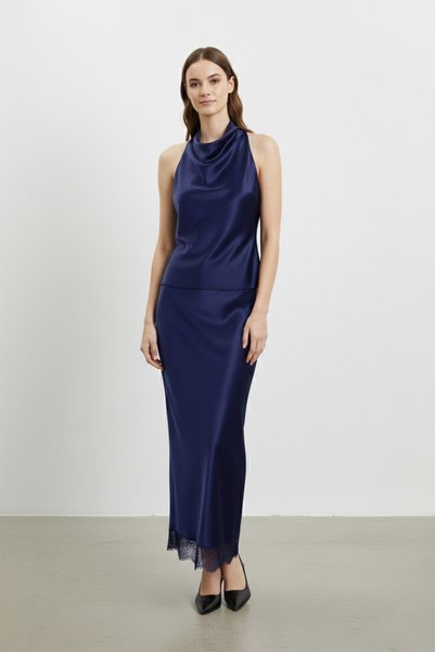 Loreen Satin Lace Detailed Long Skirt-20729 Navy Blue