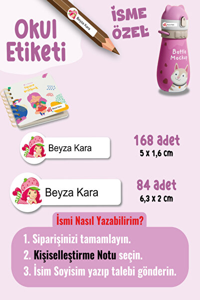 YUNUS COPY Okul Etiketi Kalem Defter Etiketi Çilek Kız Özel İsim Yazılabilen ...