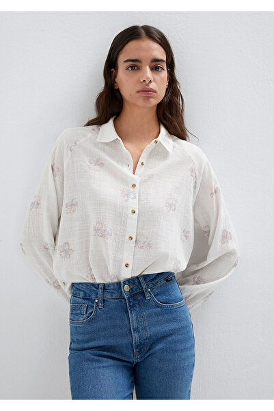 Mavi Çiçek Baskılı Ekru Gömlek Loose Fit / Bol Rahat Kesim 122514-91496