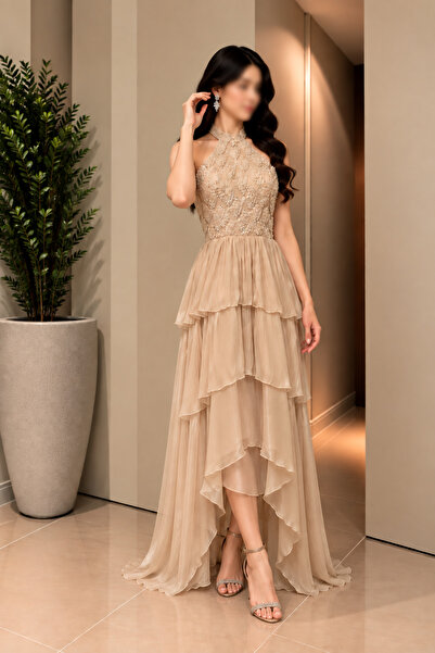 GORI FASHION فستان سهرة طبقات تطريز على الصدر للعمرالمحير