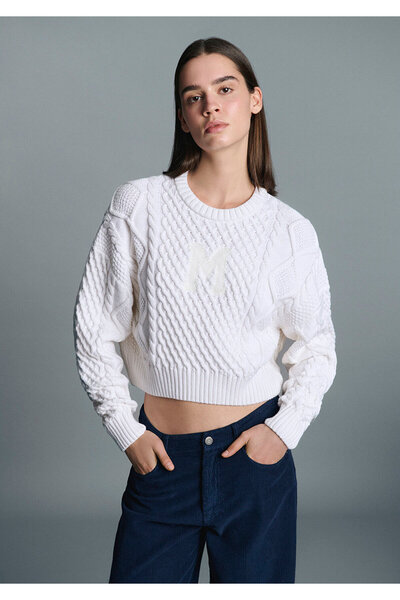 Mavi M Logo Crop Ekru Kazak Loose Fit / Bol Rahat Kesim 1710796-80194