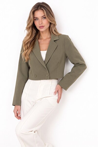 Saade Haki Kadın Regular Fit Kruvaze Kapama Dokuma Crop Blazer Ceket -Şık & Spor
