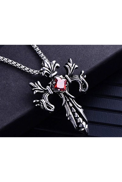 daisybydaisy Antik Eskitme Gümüş Renk Kırmızı Zirkon Taşlı Ejder Detaylı Gotik Ortaçağ Haç Kolye