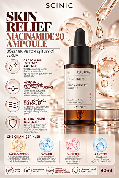 SCINIC Skin Relief Niacinamide %20 Ampoule Gözenek ve Ton Eşitleyici Serum 30ml