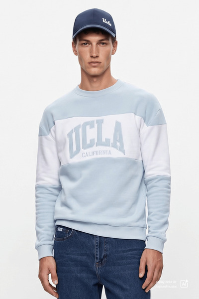 UCLA Мъжки суичър ARCHER, син, с кръгло деколте, бродиран, свободна кройка