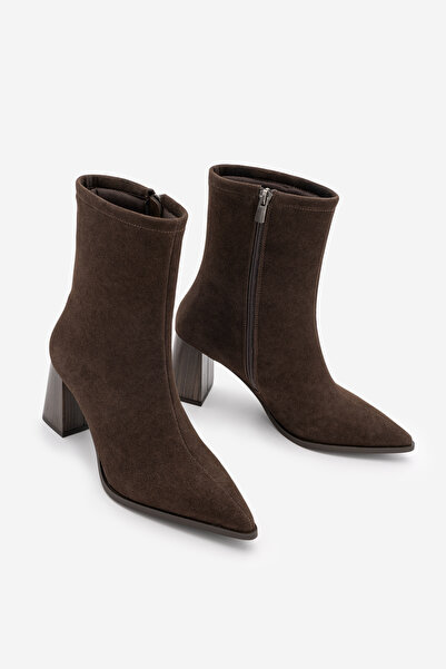Marjin Women's Thick Heeled Pointed Toe Boots Simva Brown Suede