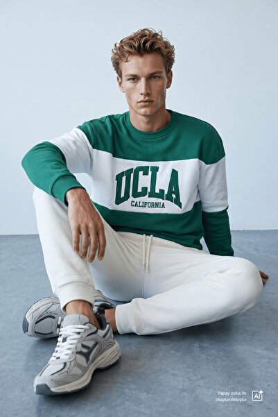 UCLA ARCHER Hanorac pentru bărbați, verde, cu decolteu, brodat