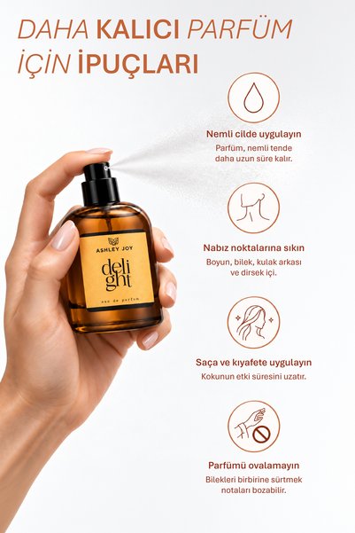 ASHLEY JOY Delight Kadın Parfüm EDP 50 ML | Fresh & Meyvemsi | Bergamot, Misk, Vanilya | Amber Renkli Cam Şişe