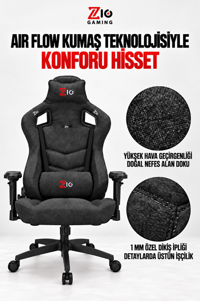 Zio Gaming Venom Jet Black Terletmez Keten Pro Oyuncu Koltuğu, 120kg Taşıma, Poliüretan Sünger, 4D Kolçak, 180° yatış
