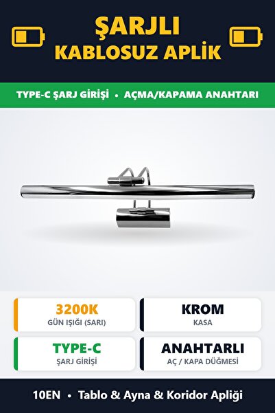 10EN Flüt Şarjlı Krom Kasa Koridor Tablo Kuğu Duvar Aplik Şarjlı Günışığı