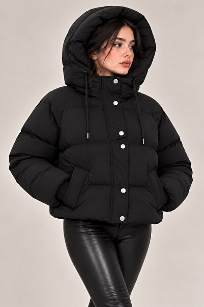 Modayıldızlar Kadın Kapüşonlu Oversize Şişme Mont – Çıtçıtlı Kalın Kışlık Mont
