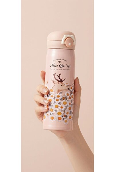 Tantitoni 050-01-PEMBE SARI ÇİÇEK DESENLİ PASLANMAZ ÇELİK TERMOS 500ML