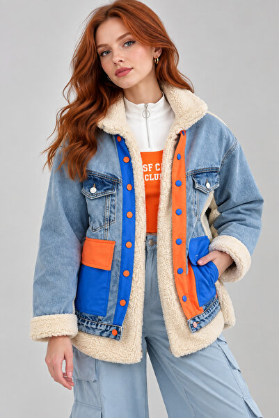 İLKCET MODA Denim Mix Oversized Women's Plush Coat