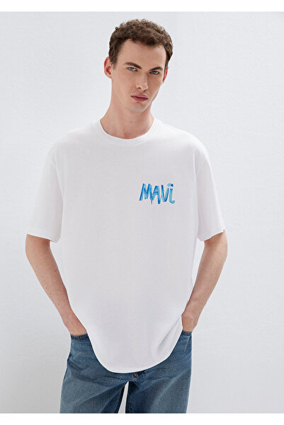 Mavi Baskılı Beyaz Tişört Loose Fit / Bol Rahat Kesim 0612468-620