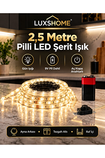 luxshome 2 Metre Pilli LED Şerit Işık Günışığı 9V Yapışkanlı Mutfak Tezgah Al...