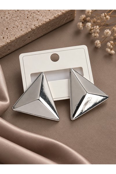 serelya Brass Silver Color 3D Triangle Model Women's Earrings