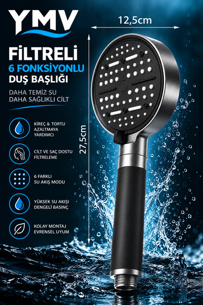 YMV 6 Fonksiyonlu Filtreli Duş Başlığı + 6 Yedek PP Filtre – Silikon Saplı Yü...