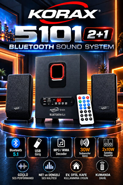 Korax 5101 2+1 Bluetooth Ses Sistemi - Ofis, Ev, Kafe Için Subwoofer Hoparlör...