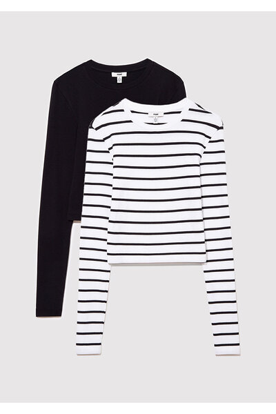 Mavi 2li Uzun Kollu Crop Basic Tişört Fitted / Vücuda Oturan Kesim 1613021-900