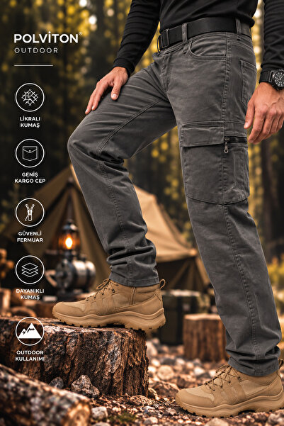 Polviton Erkek Kargo Pantolon Taktikal Füme Slim Fit Cepli Pantolon