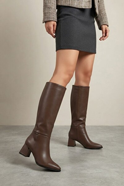 Zerenyus Roksa Premium Pointed Toe Heeled Bitter Brown Boots