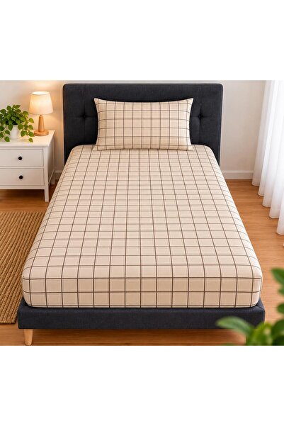 Touch Fitted Elastic Sheet Set (with Pillowcase) Single Double Plaid Beige