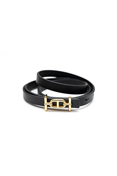 marisha Thin 1.5cm Black Stylish Women's Belt with Gold Buckle, Jacket Belt, ...