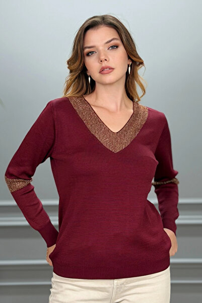 Bİ.GİYSEN Women's burgundy v-neck glitter lycra relaxed fit fine knit top