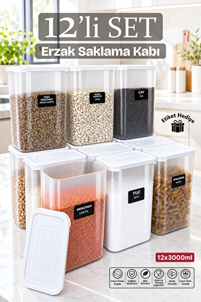 NYL HOME 12'Lİ Vakumlu Kapaklı ERZAK Saklama Kavanozu Kabı ve Kutusu 3 Litre ...