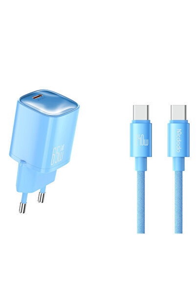 CH-8265 Nano Serisi 65W Tek Type-C Port Hızlı Şarj Adaptörü + Type-C to Type-C Kablo Mavi