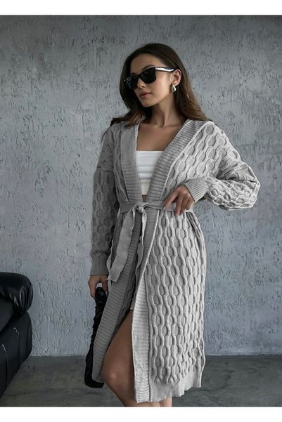 Nosia Standard Size Gray Color Hooded, Belted, Patterned Long Knit Cardigan