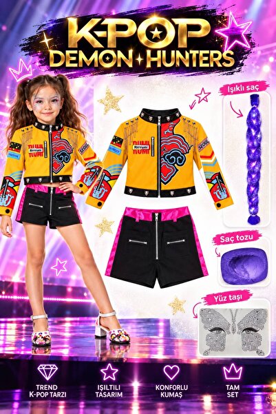 bemora kids kpop huntrix rumi mira zoey deri ceketli zincirli tasarım kostüm ...
