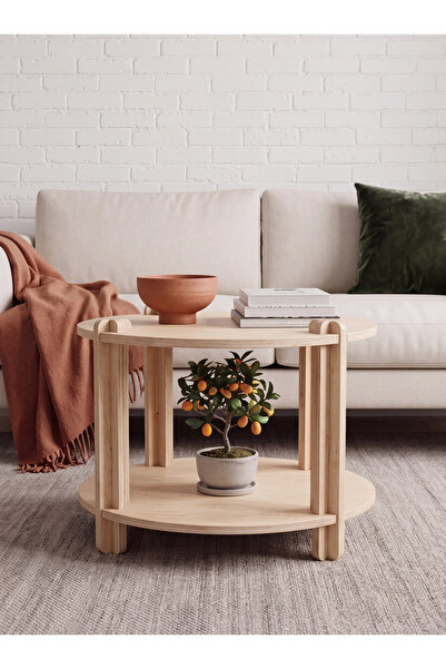 PRAKTURA Değirmen Orta Sehpa - Doğal Ahşap Huş Kontrplak, Yuvarlak Tasarım, G...