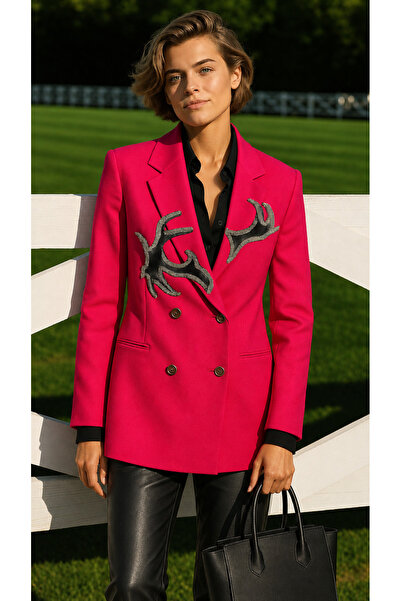 GZ Design Deri Üzeri Gümüş Işlemeli Pembe Blazer Ceket