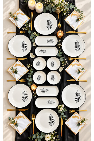Yiğit Seramik Züccaciye Black Palm 6 Person 14 Piece Breakfast Set