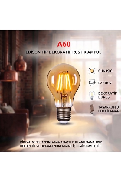 Genel Markalar A60 Edison Dekoratif Rustik LED Filament Ampul Gün Işığı E27 D...