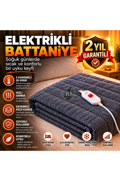 R8SAAT R8 Çift Kişilik Elektrikli Battaniye 2 Kademeli Isı Ayarlı Aşırı Isınm...