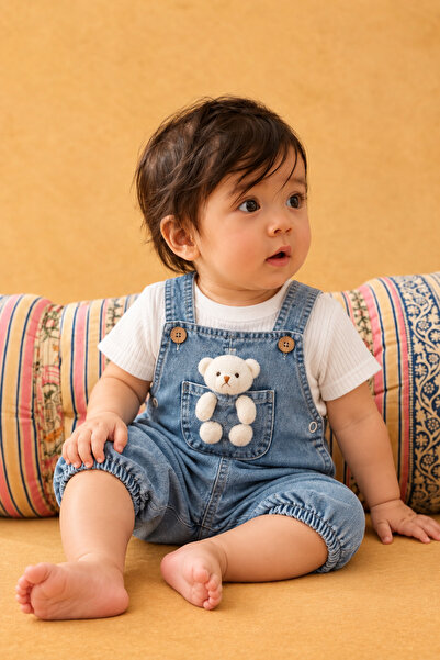 Rocha Baby Ayıcık Detaylı Mavi Denim Salopet ve Beyaz Fitilli Tişört 2'li Beb...