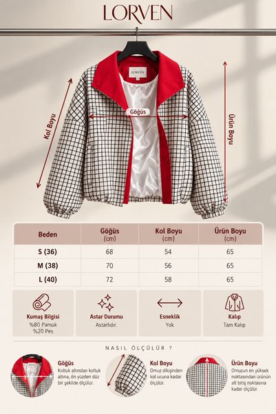 Trendsensin Lorven Women's Oversize Plaid Jacket Red Collar Balloon Sleeve