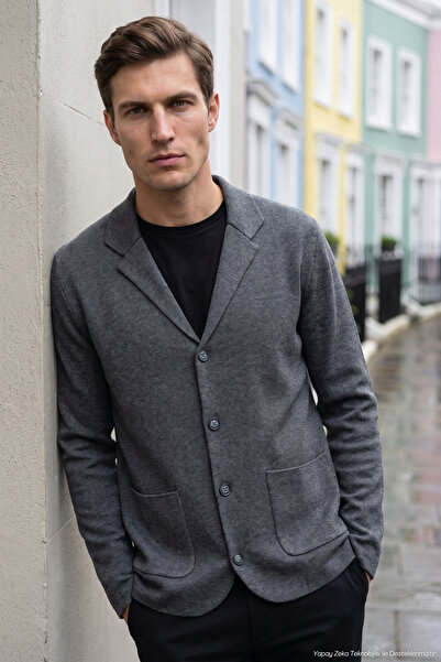Çizgi Triko Men's Cotton Blazer Knitwear Jacket Steel Knit Classic Pattern - ...
