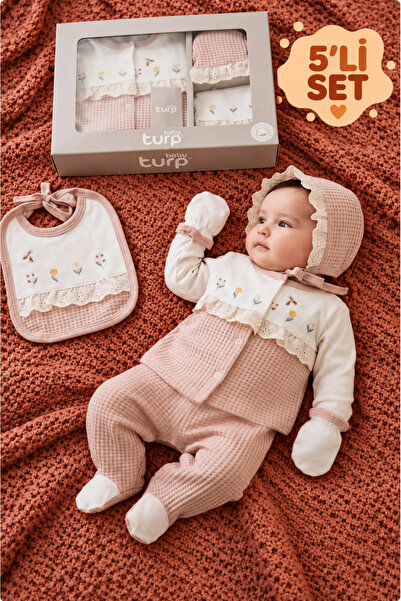 TURP BABY Baby Turp Waffle Dokulu Çiçek Nakışlı Güpür Detaylı Kutulu 5'li Kız...