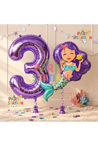 Parti Station Mermaid Deniz Kızı 3 Yaş Balon ve Mor Rakam Balon Doğum Günü Pa...