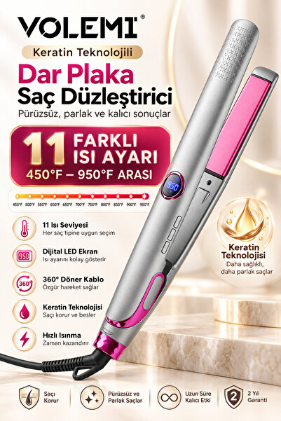 VOLEMİ Vm-004 Profesyonel Seramik Dar Plakalı Saç Düzleştirici Hızlı Isınma D...