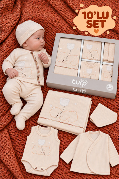 TURP BABY Unisex Ecru 10-Piece Ribbed Teddy Bear Embroidered Hospital Dischar...