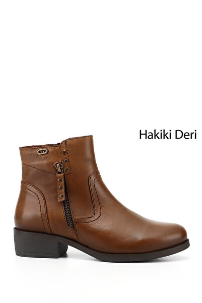 GÖNDERİ(R) Kadın Taba Antik Çift Fermuarlı Kauçuk Taban Hakiki Deri Bot