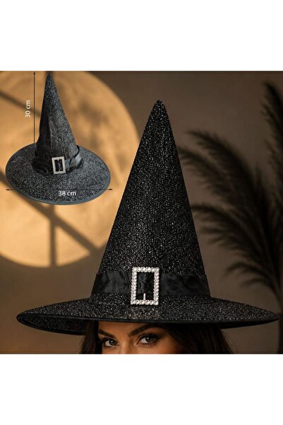 partidolu Halloween Siyah Renk Parıltılı Kumaş Cadı Şapkası Yetişkin Kemerli ...