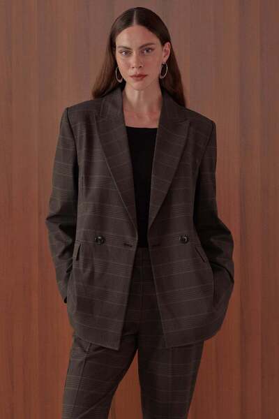 PAULMARK Kadın Ekose Desenli Blazer Ceket