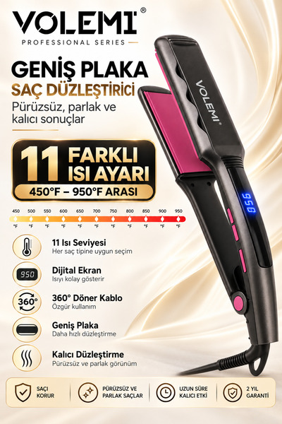 VOLEMİ Geniş Seramik Plakalı Saç Düzleştirici Hızlı Isınma Dijital LED Ekran ...