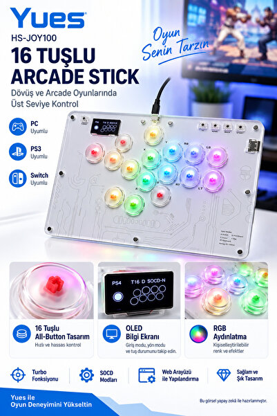 YUES PS4 Uyumlu Arcade Stick 16 Tuşlu RGB OLED Ekranlı Kablolu Oyun Kolu PC P...