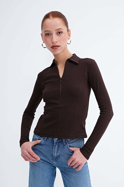 Addax Polo Yaka Fermuarlı Bluz B0424